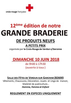 12ème édition de la grande braderie de la Croix-Rouge de Verdun-sur-Garonne le dimanche 10 juin  2018  à partir de 9 H