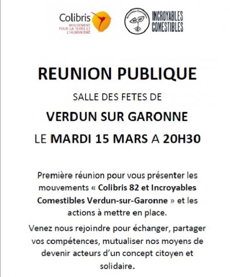 1ère Réunion Mouvements '' Colibris 82 - Incroyables Comestibles'' Verdun-sur-Garonne