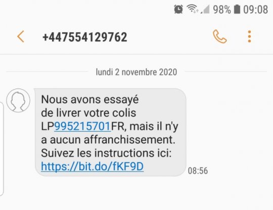 Alerte ! Attention arnaque au colis par SMS. Ne pas suivre le lien