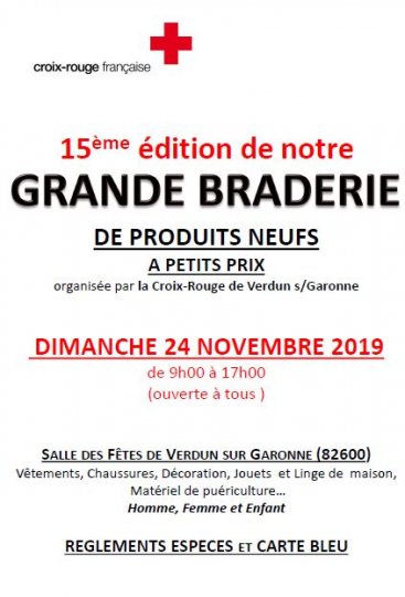 La grande braderie de la Croix-Rouge de Verdun-sur-Garonne le dimanche 24 Novembre 2019. Ouverte à Tous