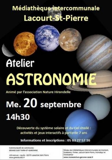 Atelier astronomie le 20 septembre à Lacourt Saint Pierre