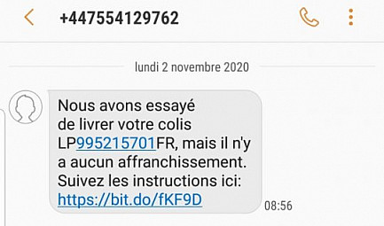Alerte ! Attention arnaque au colis par SMS. Ne pas suivre le lien