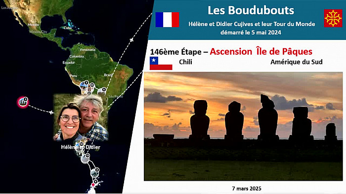 Acteurs-Locaux "Les Boudubouts" 146ème étape au CHILI - coucher du soleil sur le site de Ahu Tahai sur l'Île de Pâques